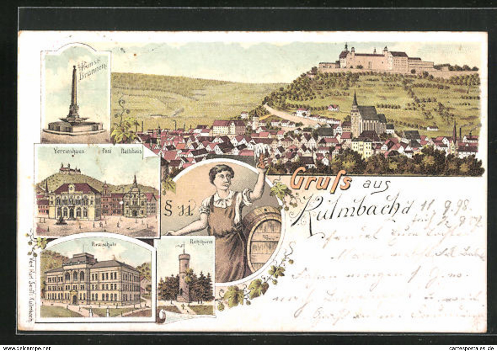 Lithographie Kulmbach, Rehturm, Realschule, Verenshaus Mit Post Und Rathaus - Kulmbach