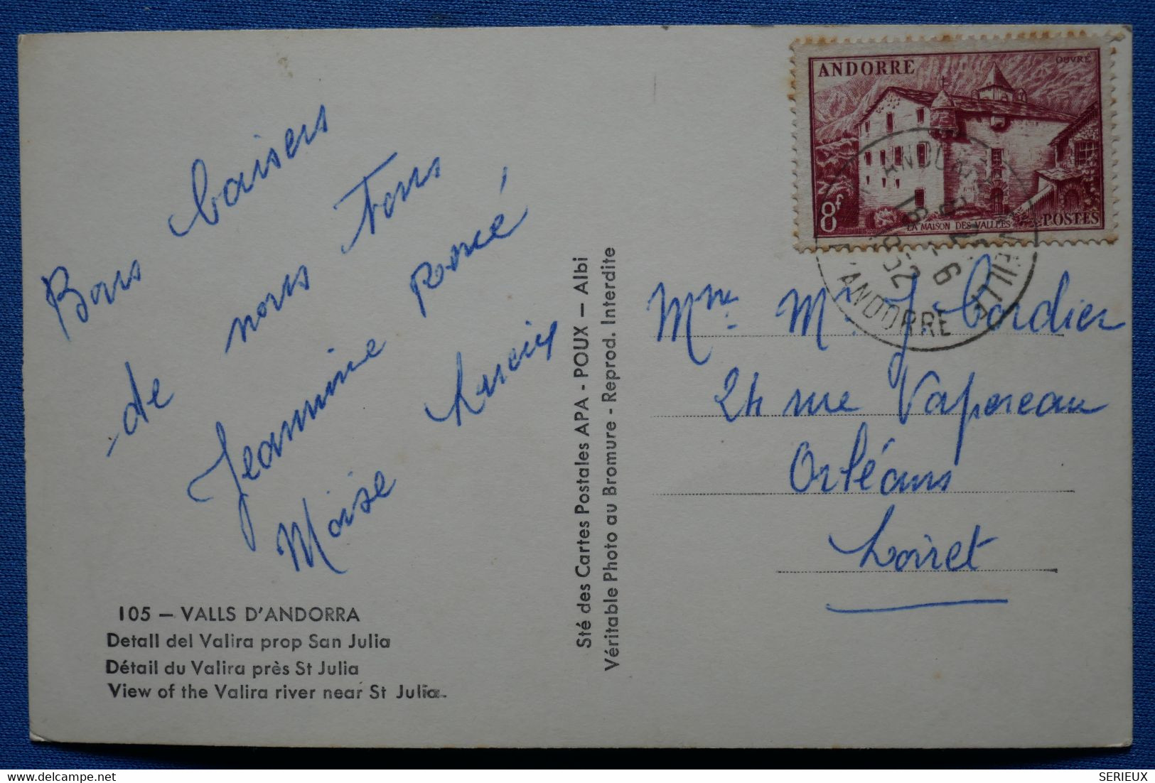 I 2  ANDORRE BELLE  CARTE   1952 ANDORRE VIELLE   A  ORLEANS  FRANCE+ VALLS VALIRA + AFFRANCH. PLAISANT - Lettres & Documents