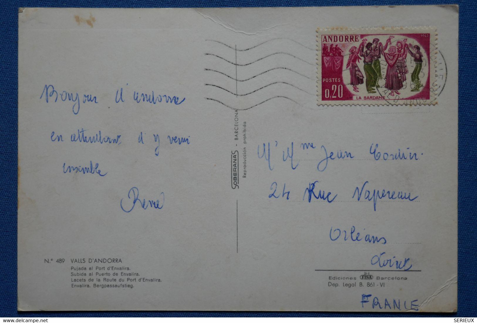 I 2  ANDORRE BELLE  CARTE   1964 ANDORRE   A  ORLEANS  FRANCE+ VALLS  ENVALIRA + AFFRANCH. PLAISANT - Storia Postale