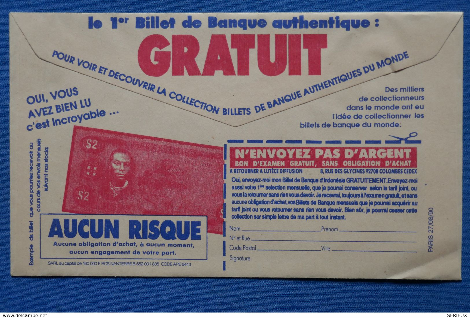 I 3  FRANCE  BELLE LETTRE 1990 LA POSTE PUBLICITE POUR BILLETS DE COLLECTION PARIS POUR LA CHAPELLE - Oblitérés