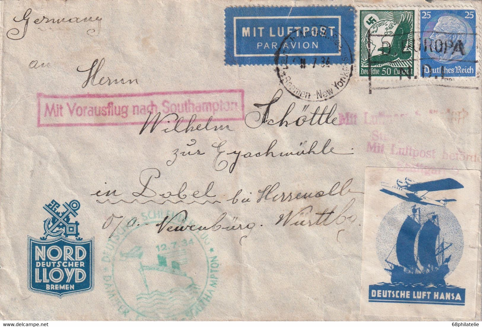 ALLEMAGNE 1934 LETTRE SEEPOST BREMEN-NEW YORK MIT VORAUSFLUG SOUTHAMPTON - Cartas & Documentos