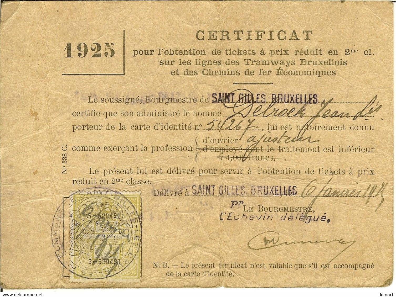 Certificat Pour L'obtention De Tickets à Prix Réduits 2 Me Cl. Saint GILLES BRUXELLES 1925 - Altri & Non Classificati