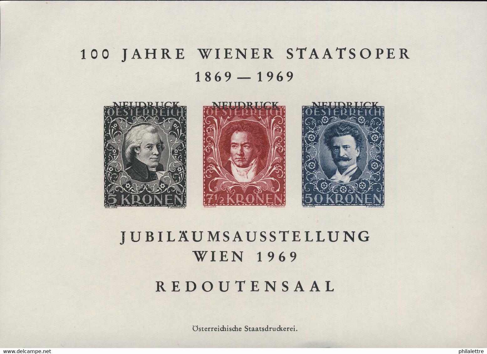 AUTRICHE / AUSTRIA / ÖSTERREICH 1969 Souvenir Sheet (NEUDRUCK) Wiener Staatsoper - Probe- Und Nachdrucke