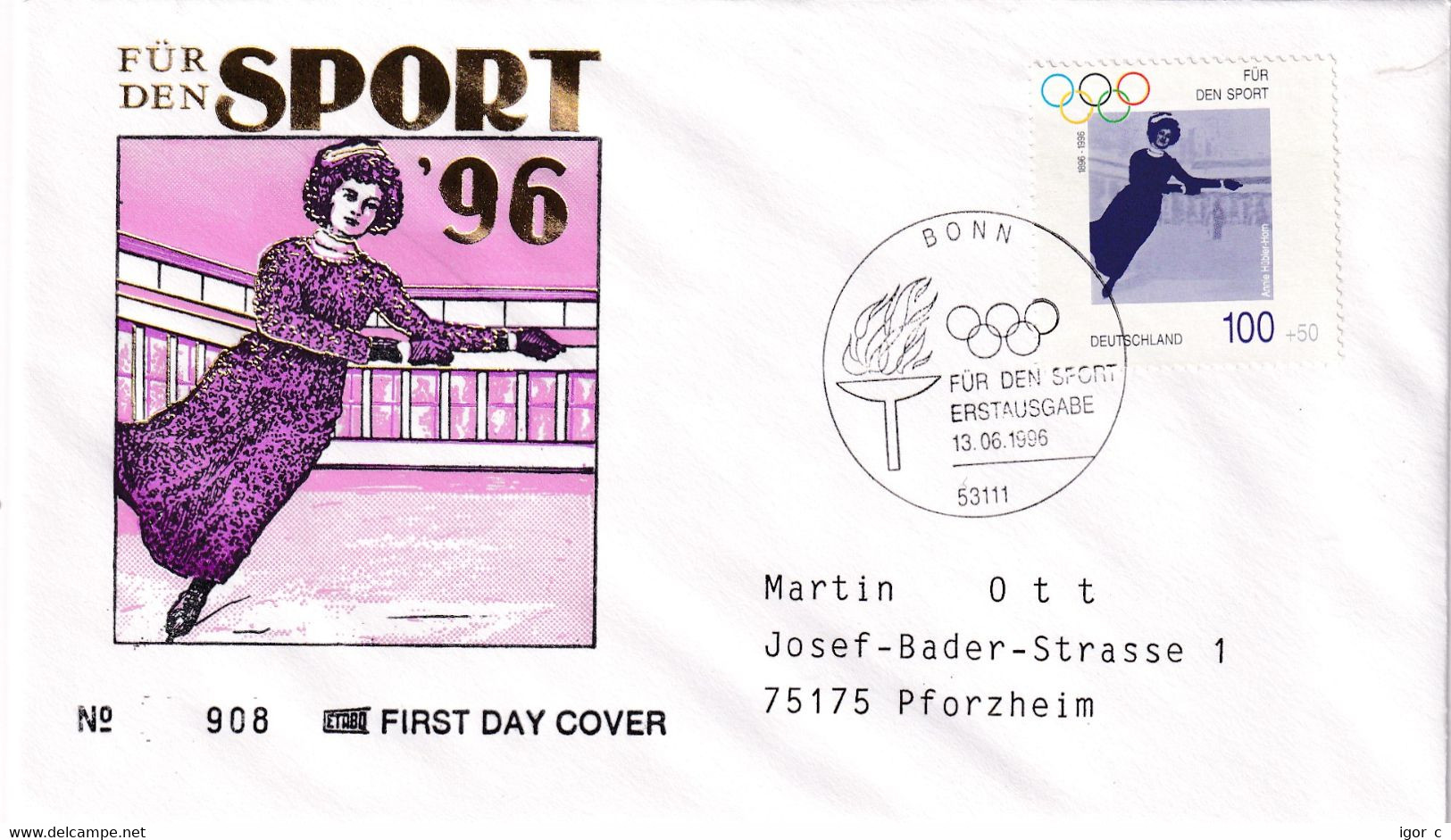 Germany 1996 Cover: Olympic Games Atlanta; 1908 London Gold Medal Winner - Annie Hübler Horn; Figure Skating - Verano 1908: Londres