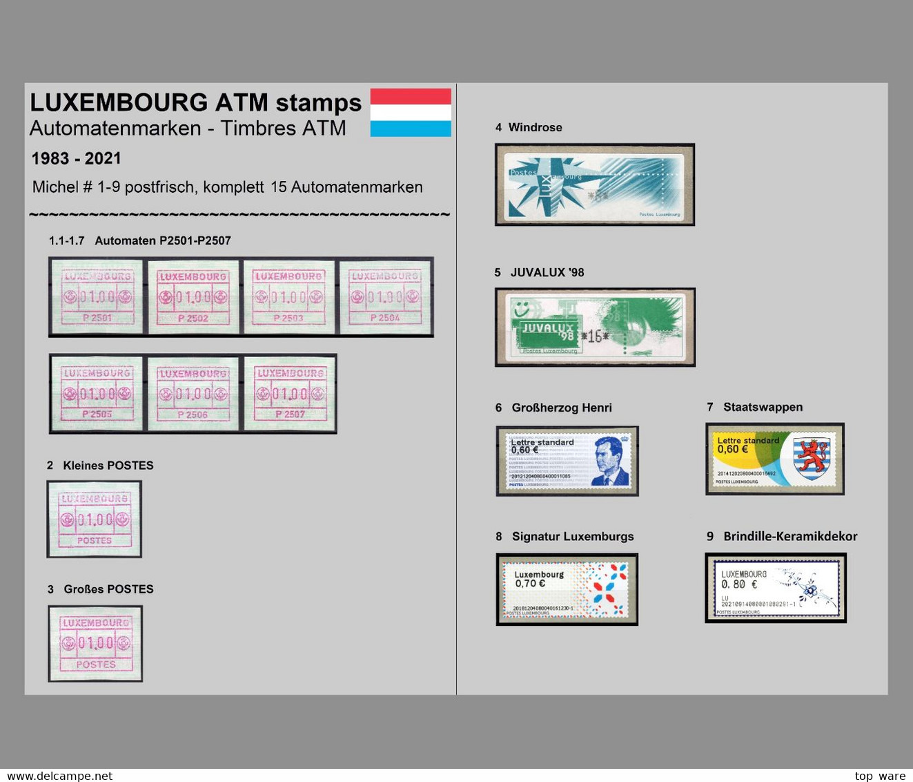 Luxemburg Luxembourg Timbres ATM 1-9 / Automatenmarken 1983-2021 Komplett, Postfrisch / Distributeurs Etiquetas - Automatenmarken