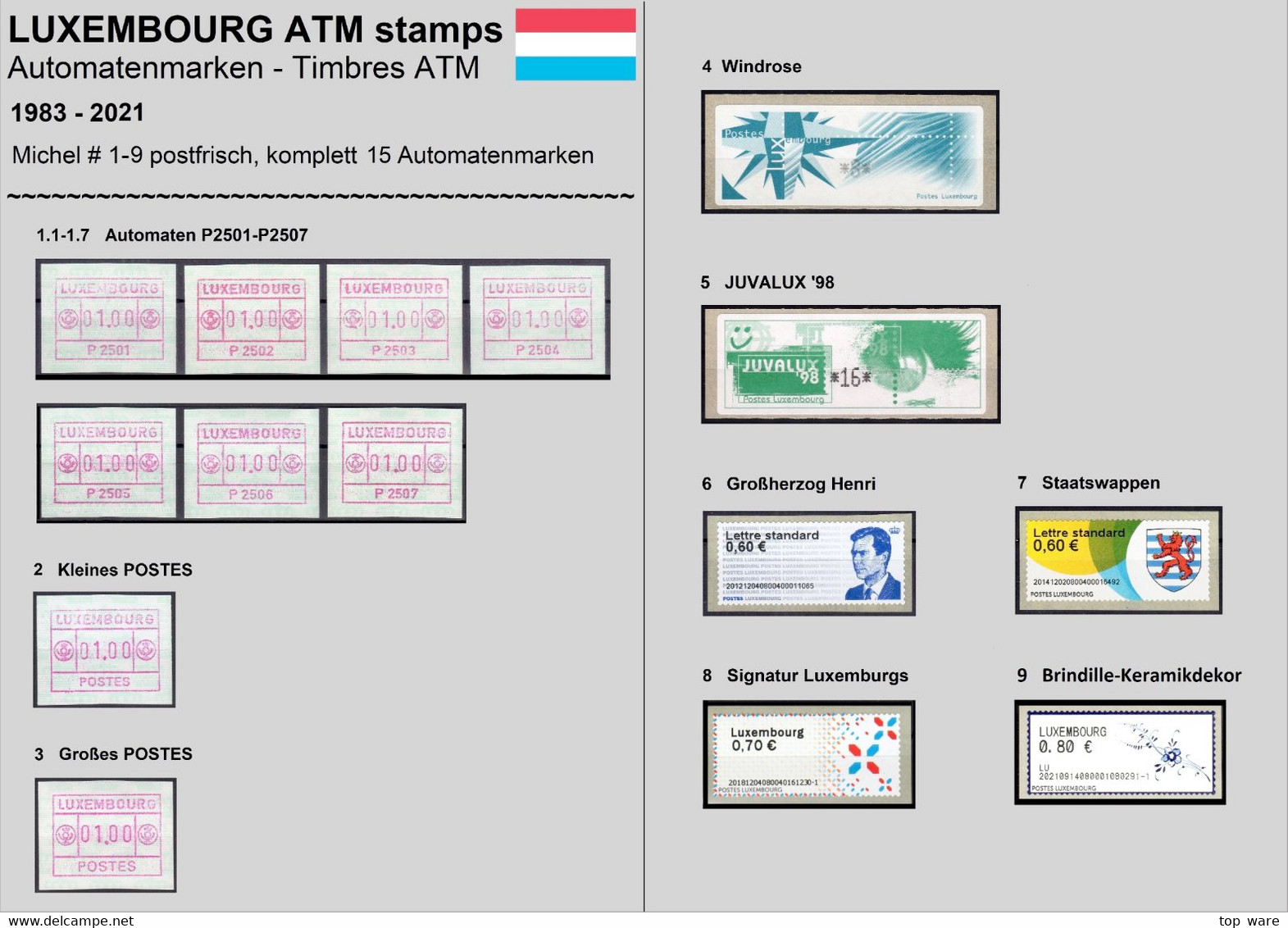 Luxemburg Luxembourg Timbres ATM 1-9 / Automatenmarken 1983-2021 Komplett, Postfrisch / Distributeurs Etiquetas - Vignettes D'affranchissement
