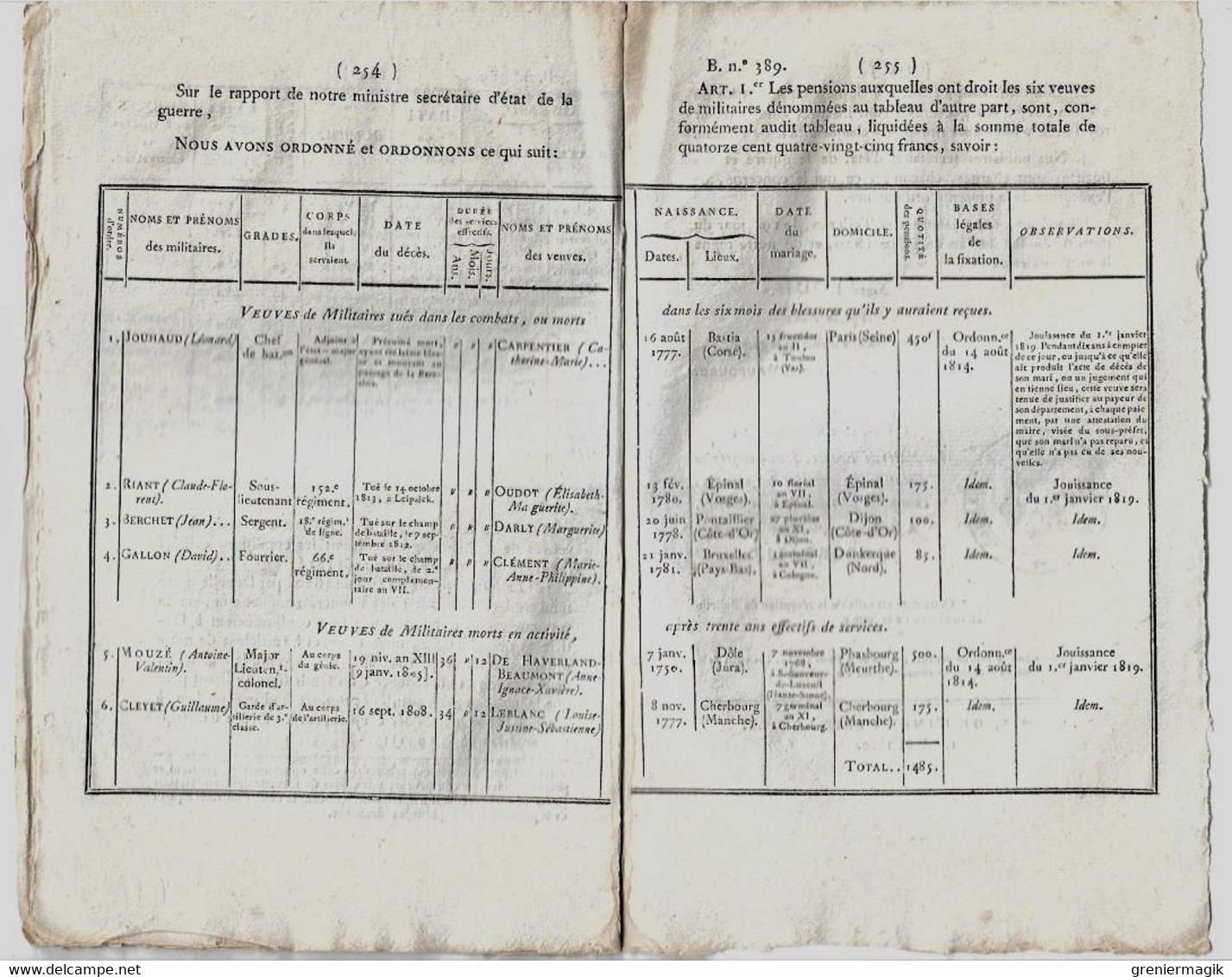 Bulletin des Lois N°389 1820 Pensions veuves militaires (Carpentier Bastia-Léonard Jouhaud présumé mort... Bérézina)