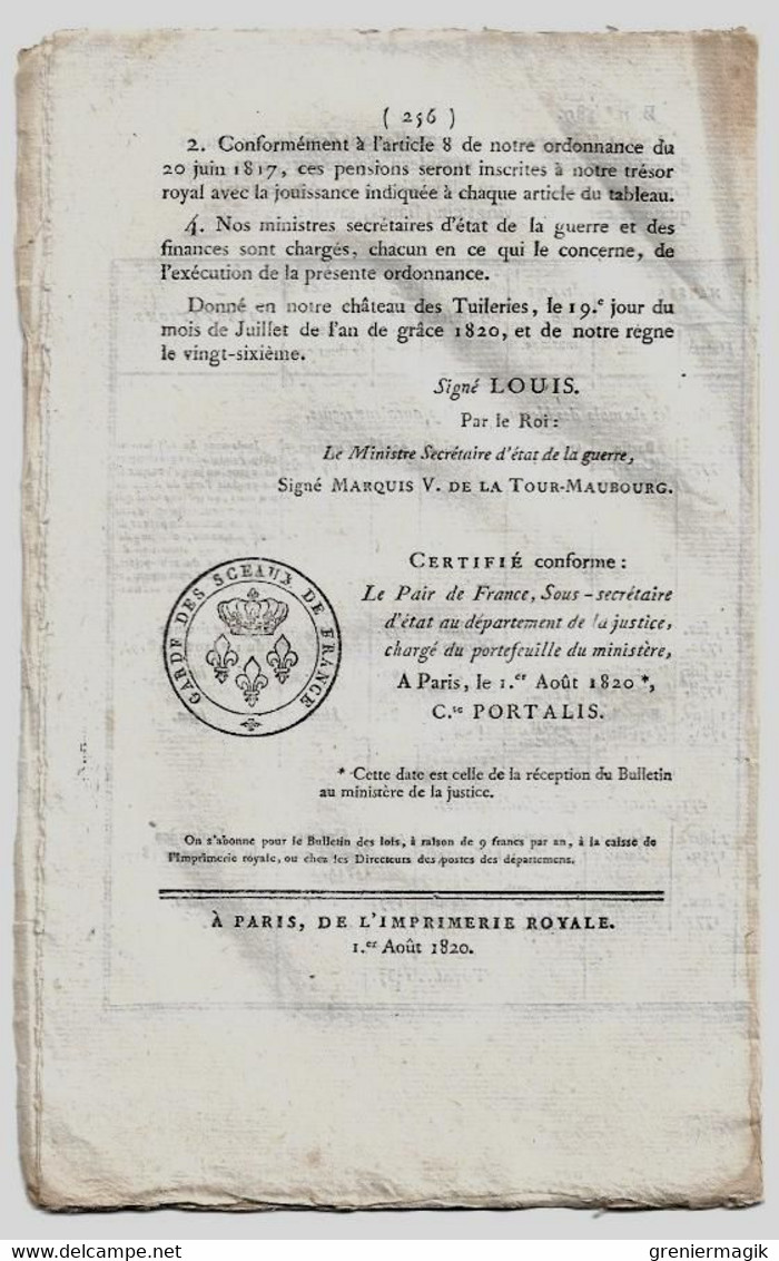 Bulletin des Lois N°389 1820 Pensions veuves militaires (Carpentier Bastia-Léonard Jouhaud présumé mort... Bérézina)