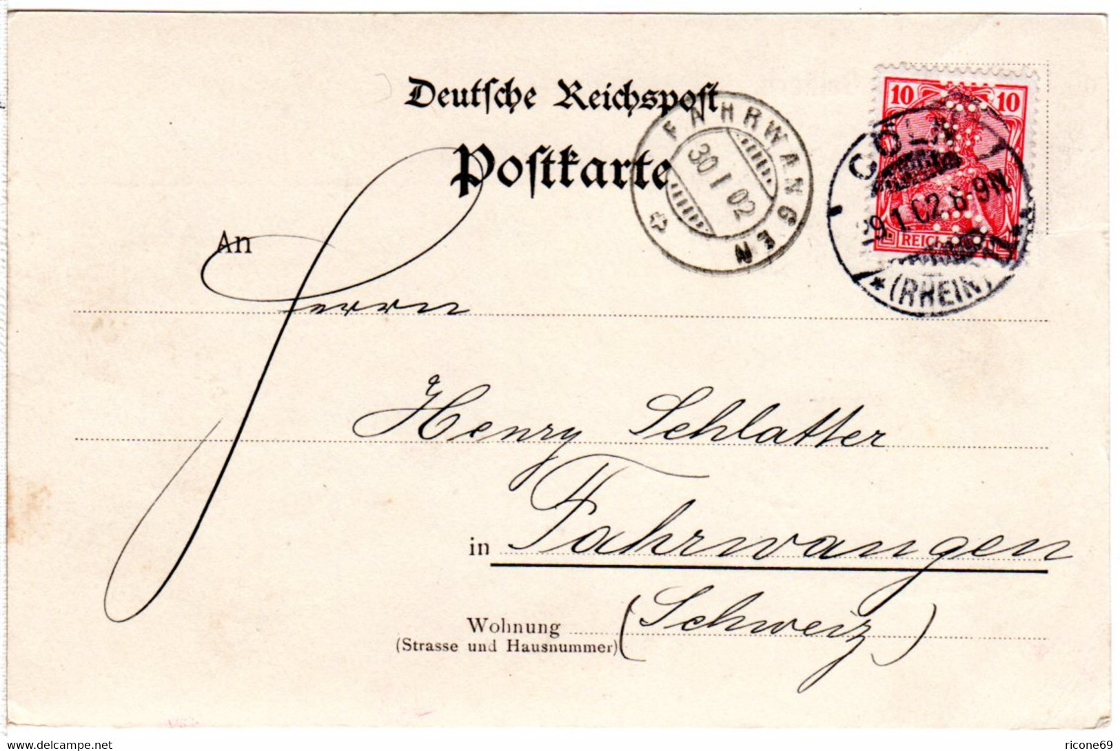 DR 1902, 10 Pf. Germania M. Perfin Firmenlochung Auf Firmen Karte V. Köln - Other & Unclassified