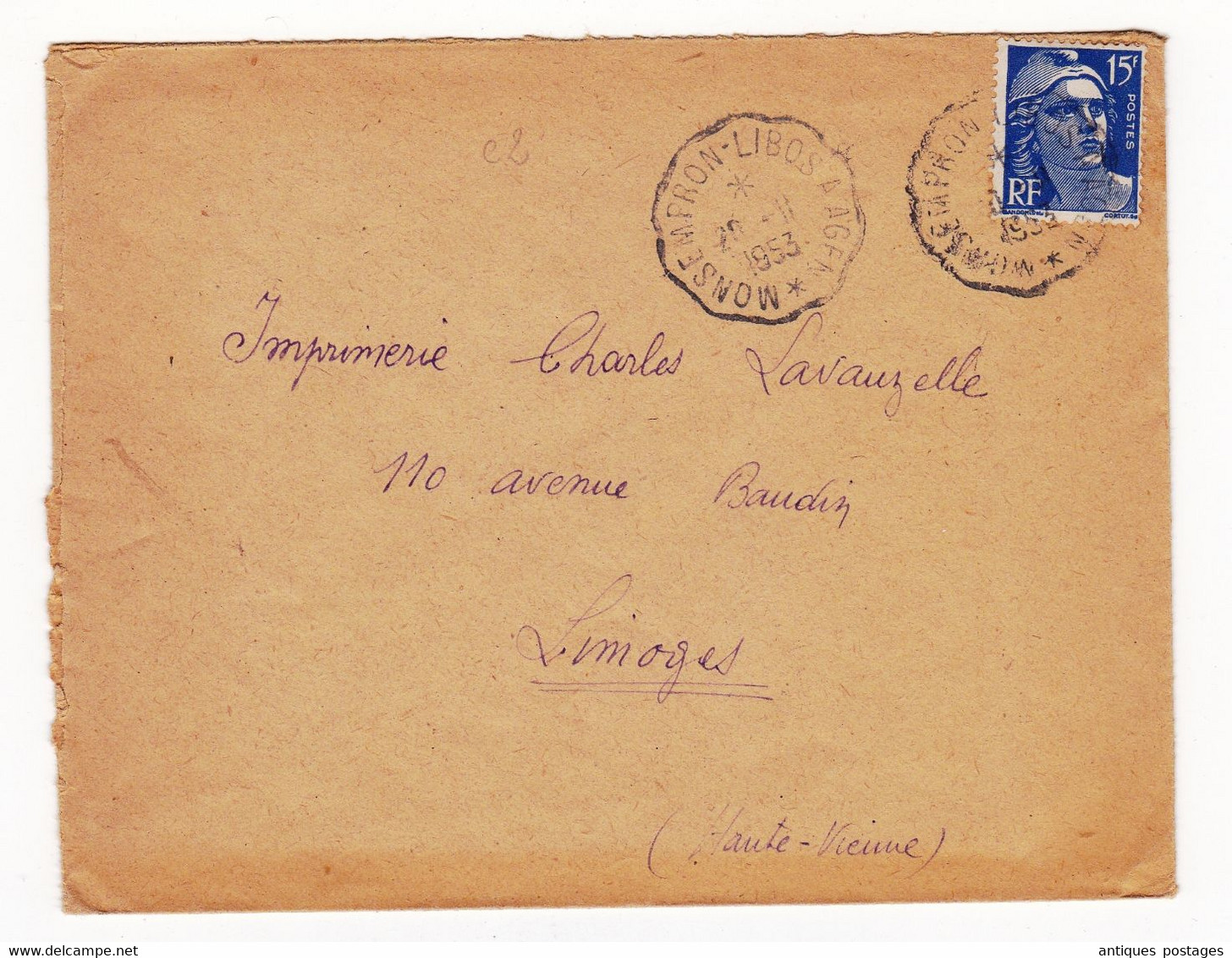 Lettre 1953 Cachet Ambulant Convoyeur De Ligne Monsempron-Libos Agen Marianne De Gandon 15F Lot Et Garonne - 1945-54 Marianne De Gandon