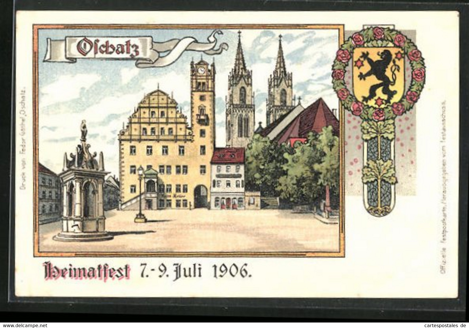 Lithographie Oschatz, Heimatfest 7.-9. Juli 1906, Rathaus Mit Gasthof Ratskeller, Festpostkarte - Oschatz