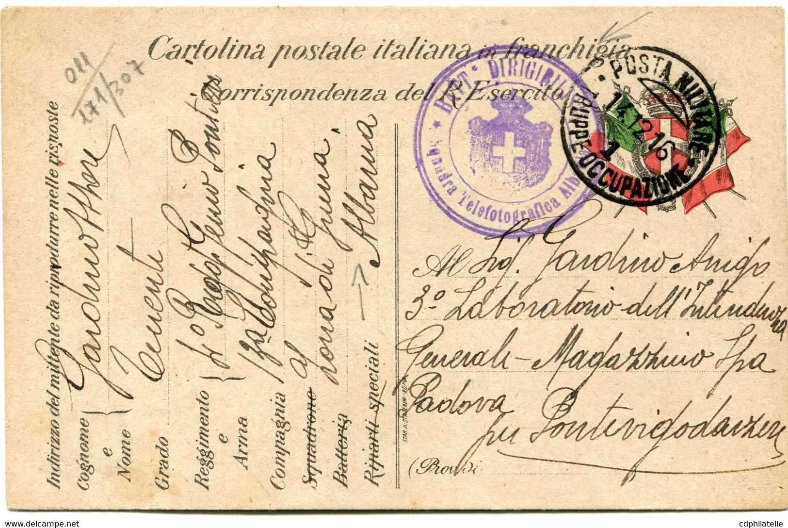 CARTE DE FRANCHISE MILITAIRE AVEC CACHET " BATT DIRIGIBILES * SQUADRA TELEFOTOGRAFICA ALBANIA * " DEPART...........RR - Andere & Zonder Classificatie