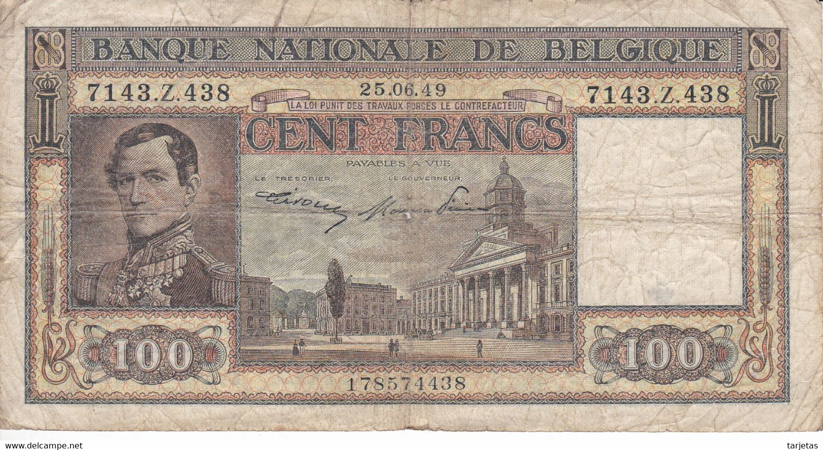 BILLETE DE BELGICA DE 100 FRANCS DEL AÑO 1949  (BANK NOTE) - 100 Francs