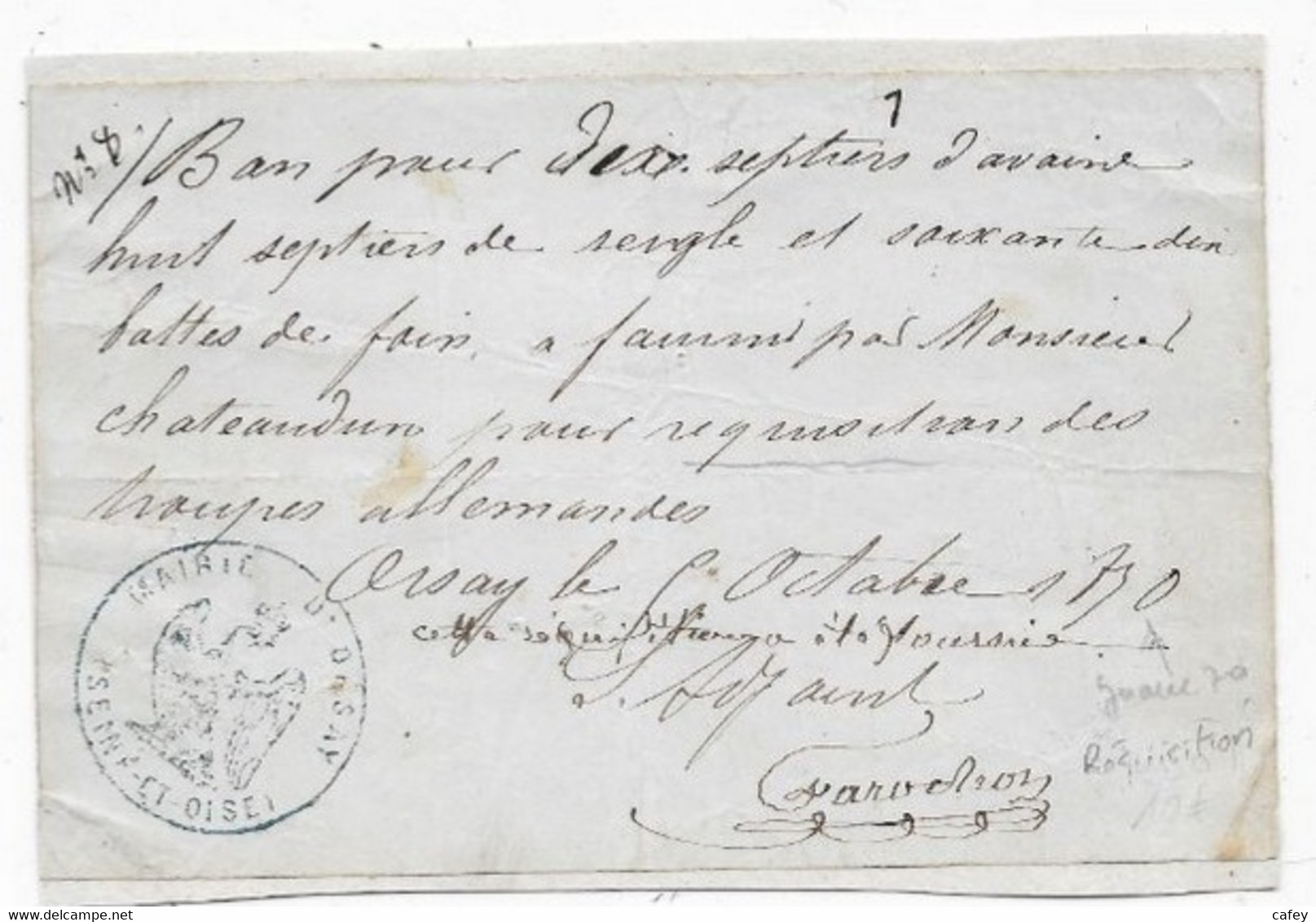 Guerre 1870 Document Réquisition De Foin Pour Les Troupes Allemandes Mairie D'ORSAY SEINE ET OISE Octobre 1870 - Guerre De 1870