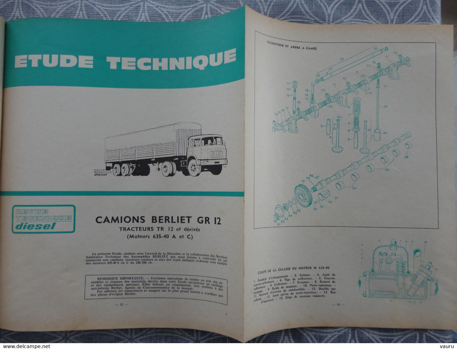 Revue Technique Diesel Camion N°371969 BERLIET GR12 TRACTEUR TR 12 INDENOR OM - Camiones