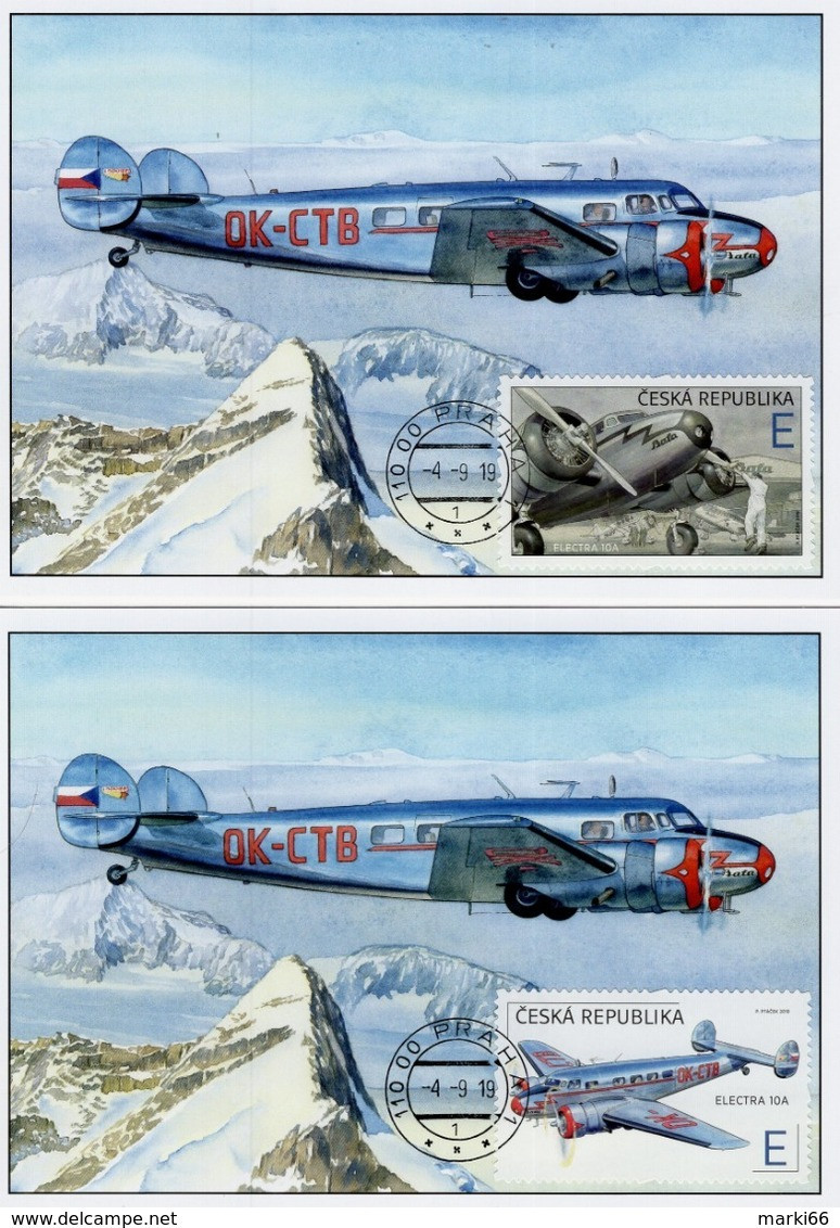 Czech Republic - 2019 - The World In Clouds - Electra 10A Airplane - Set Of 2 Maximum Cards With Holograms - Covers & Documents