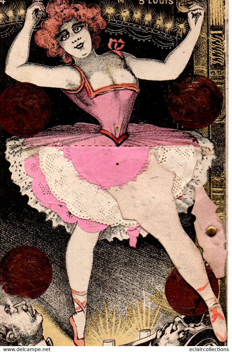 Thème Carte Postale  A Système   Danseuse. La Jambe Se Lève. Melle 5 Louis. Reproduction De  Monnaie       (voir Scan) - Cartoline Con Meccanismi