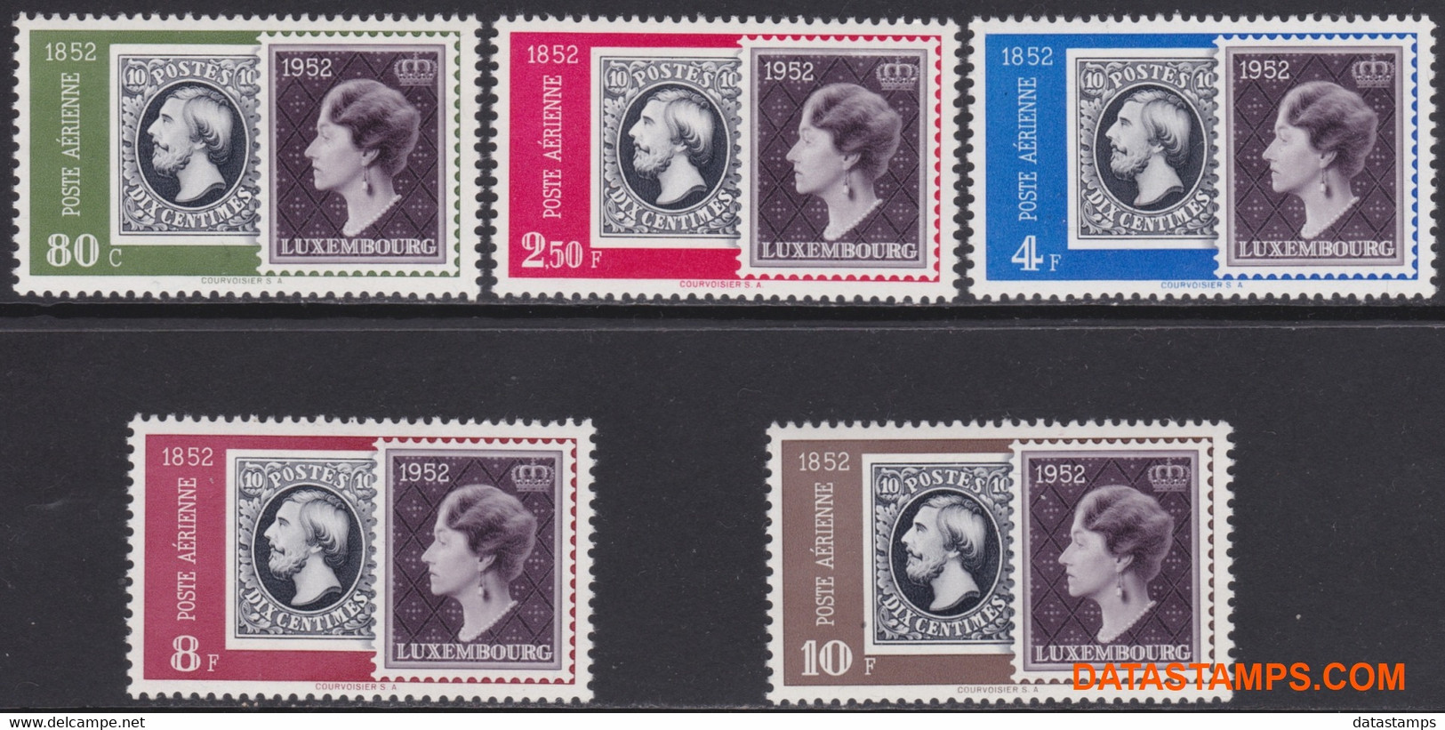 Luxemburg 1952 - Mi:490/494, Yv:PA 16/20, Airmail Stamps - XX - 100 Years Stamp Luxembourg - Neufs