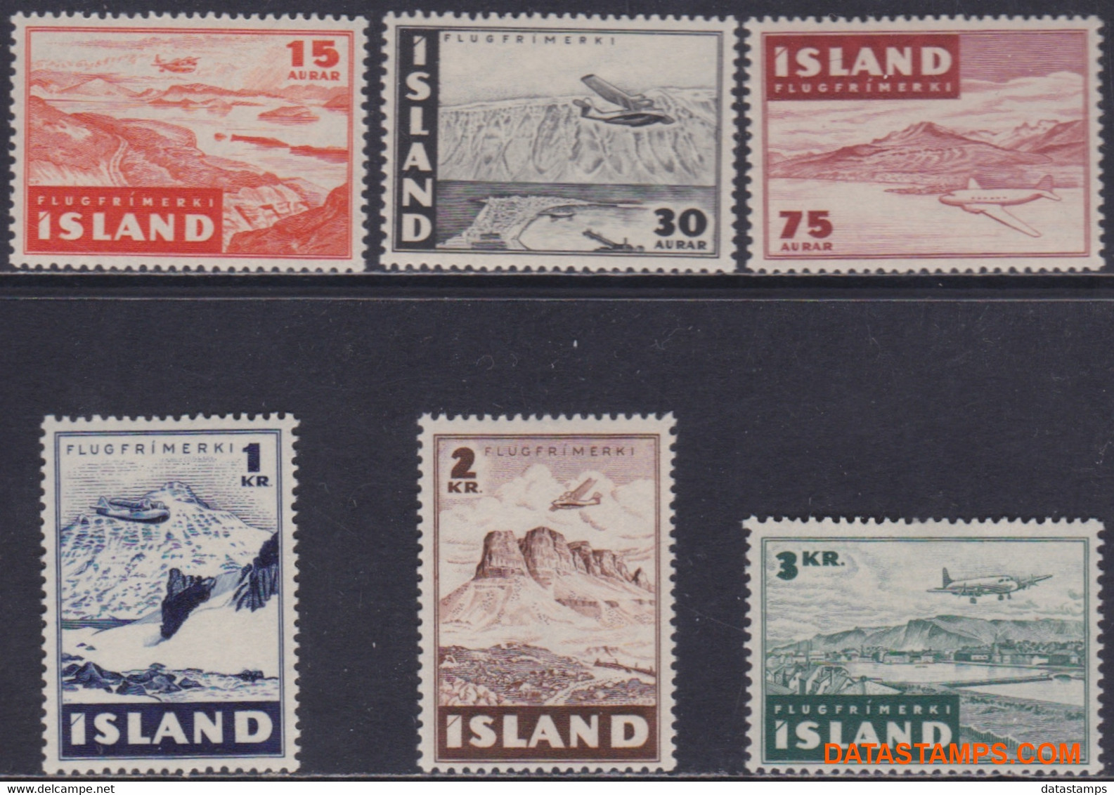 Ijsland 1947 - Mi:241/246, Yv:PA 21/26, Airmail Stamps - XX - Planes Above Landscapes - Poste Aérienne