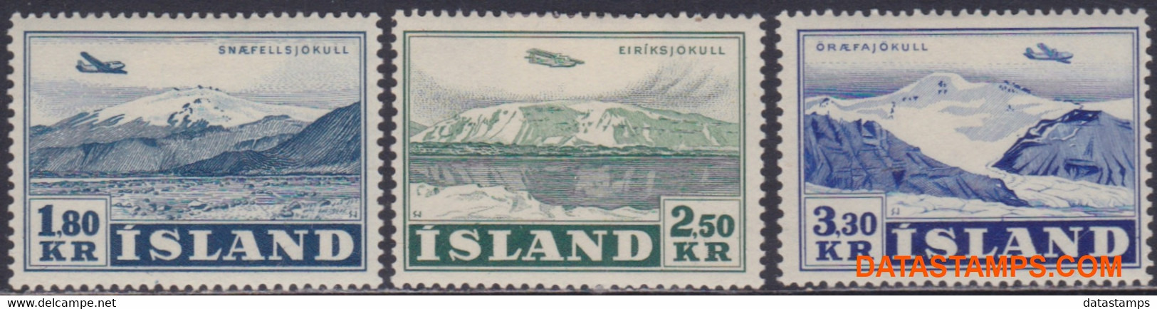 Ijsland 1952 - Mi:278/280, Yv:PA 27/29, Airmail Stamps - X - Planes Above Landscapes - Poste Aérienne