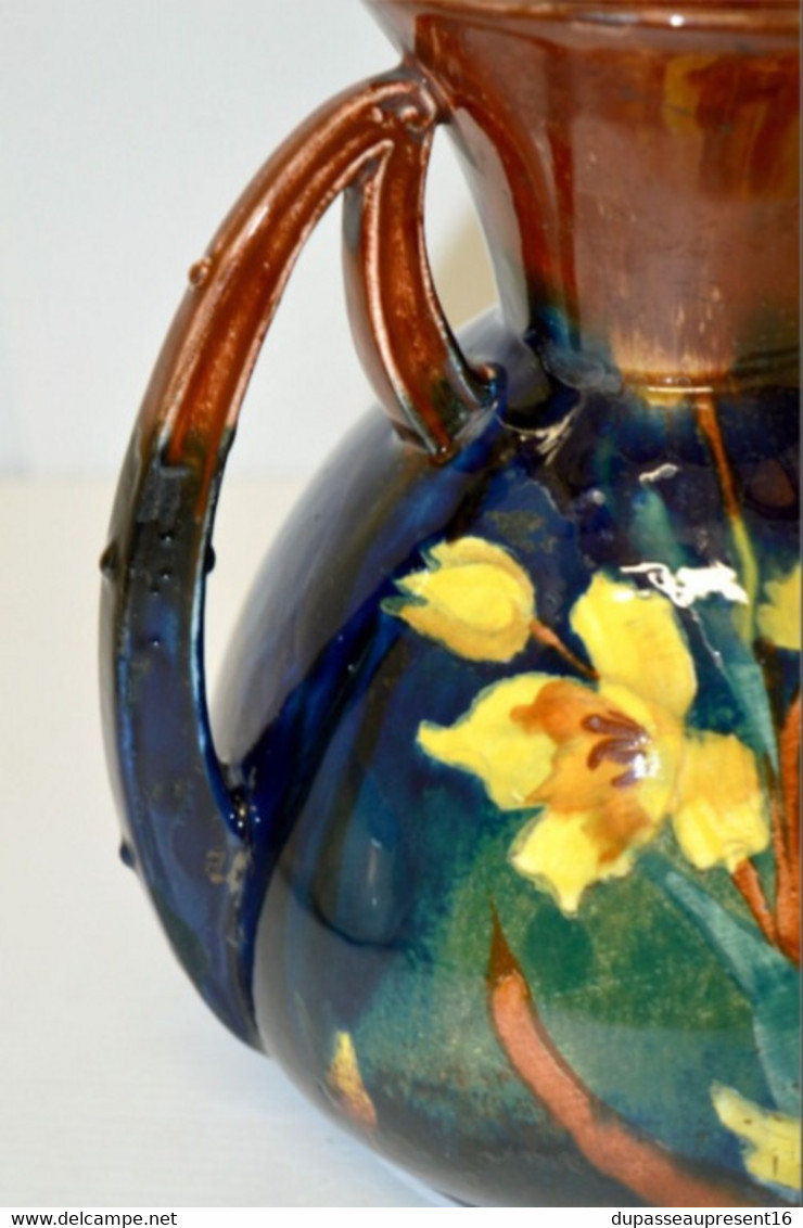 VASE IMPRESSIONNISTE OLD MORAVIAN POTTERY JONQUILLES ART NOUVEAU AUSTRIA Collection Déco Vintage Vitrine - Sonstige & Ohne Zuordnung