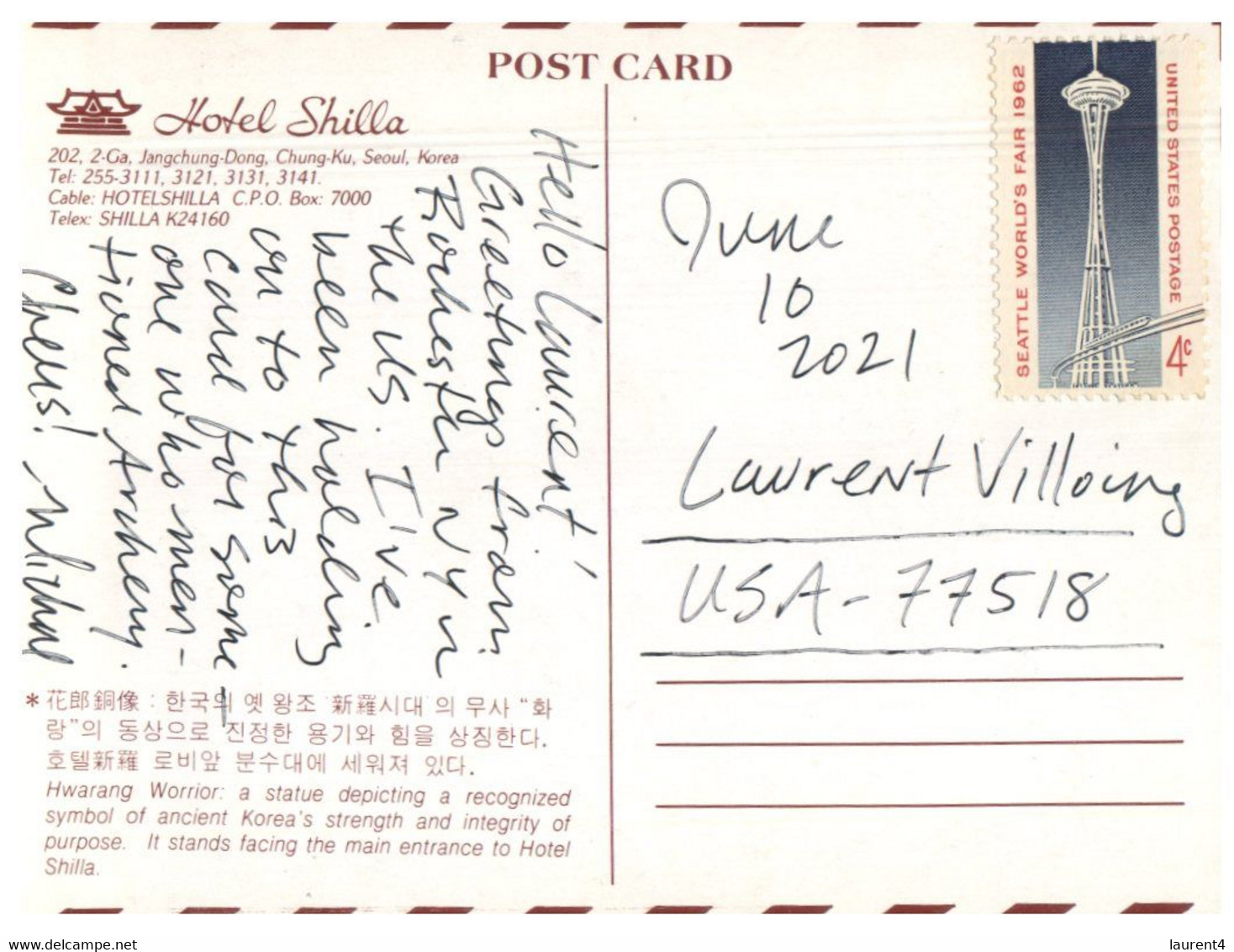 (TT 1) South Korea Hotel Shilba Hwarang Worrior (Archery) Posted To Australia From USA + Stamp ? - Tir à L'Arc