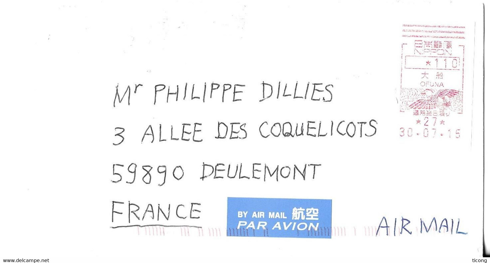 OFUNA KAMAKURA JAPON 2015, LETTRE VIGNETTE ROUGE OISEAU, VIGNETTE TRILINGUE  PAR AVION, VOIR LES SCANNERS - Briefe U. Dokumente