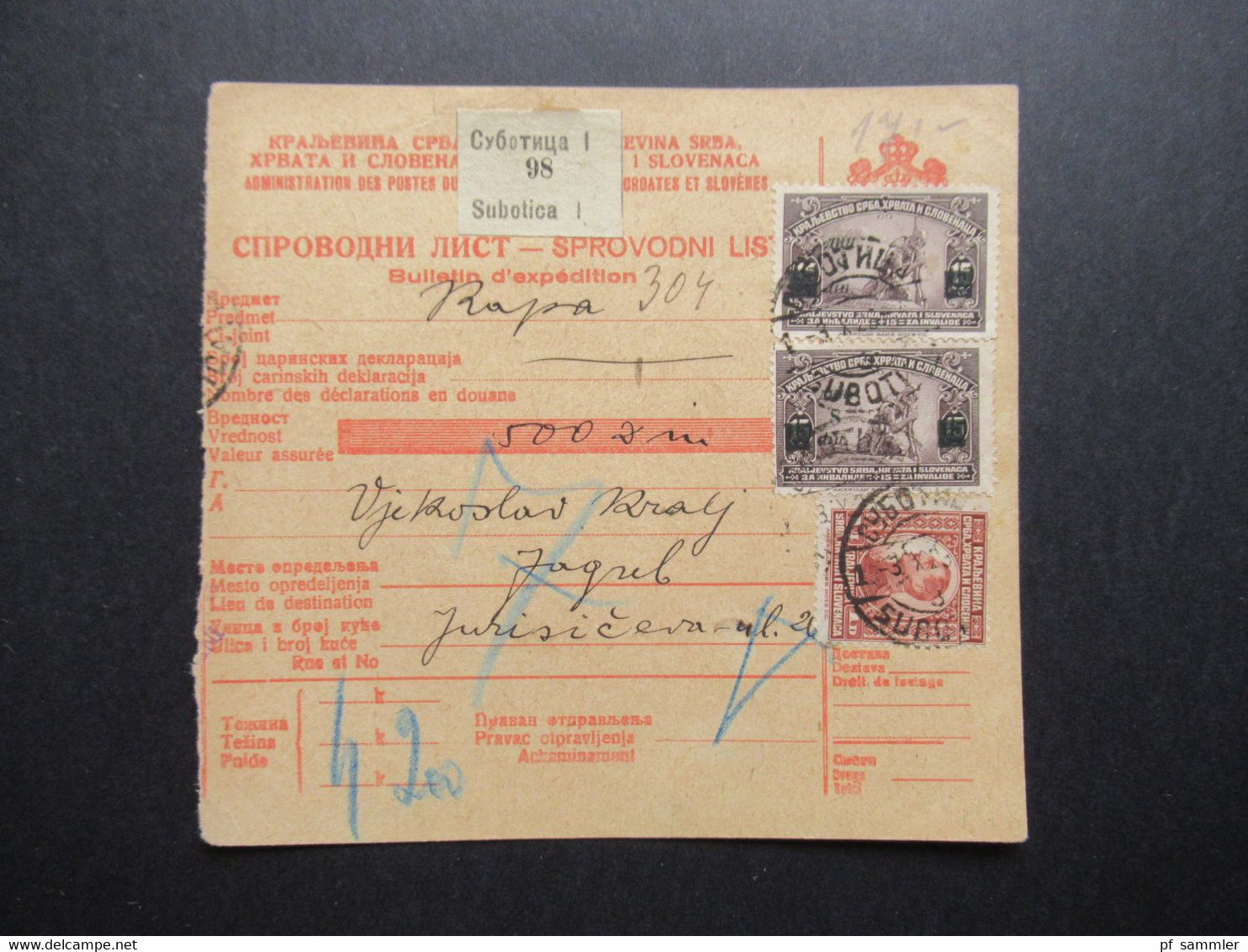 Jugoslawien SHS 1923 Bulletin D'expedition / Postanweisung Valeur 500 Dinar Subotica I Nach Zagreb - Storia Postale