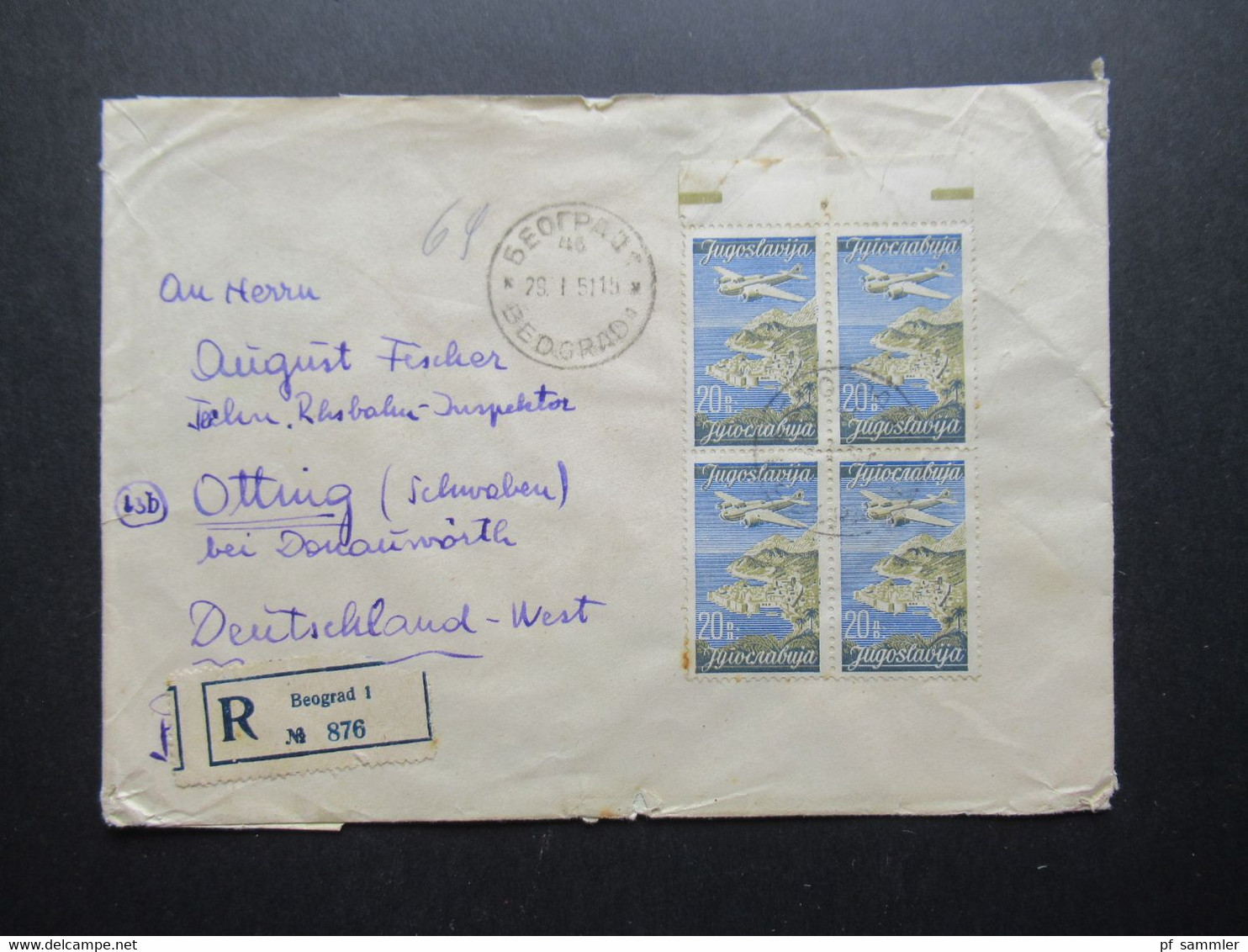 Jugoslawien 1947 / 51 Flugpostmarke Nr. 520 (4) MeF Einschreiben Beograd 1 Nach Otting Mit Rotem Dreieck Zensurstempel - Cartas & Documentos