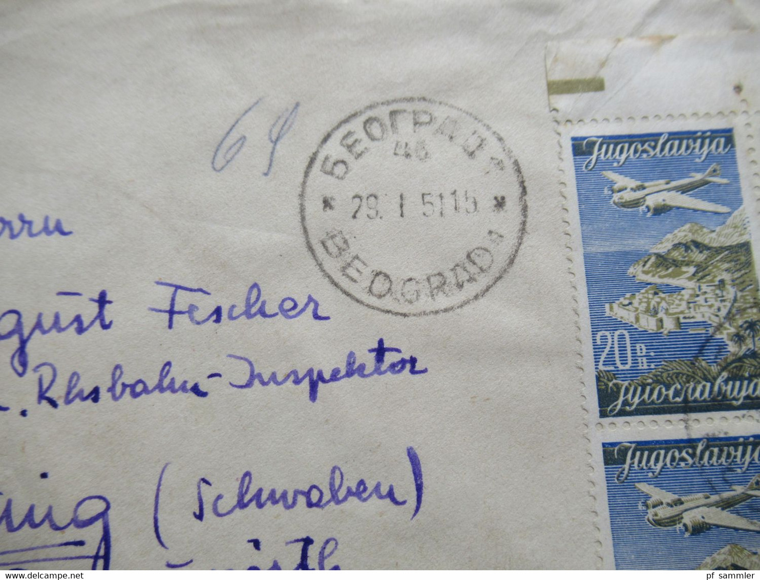 Jugoslawien 1947 / 51 Flugpostmarke Nr. 520 (4) MeF Einschreiben Beograd 1 Nach Otting Mit Rotem Dreieck Zensurstempel - Cartas & Documentos