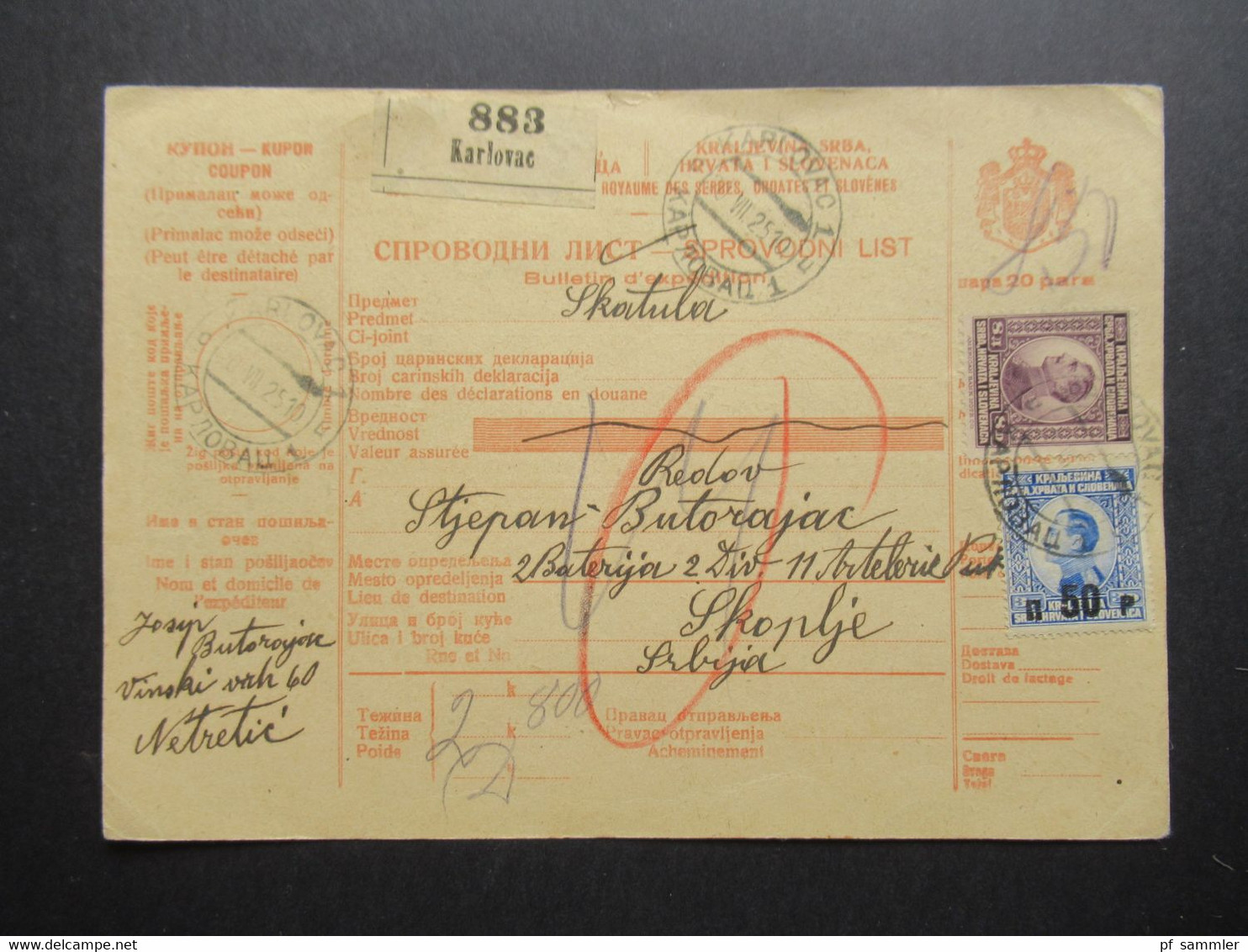 Jugoslawien 1931 Bulletin D'expedition Paketkarte / Postanweisung Karlovac - Skoplje An Einen Soldaten / Militärpost - Covers & Documents
