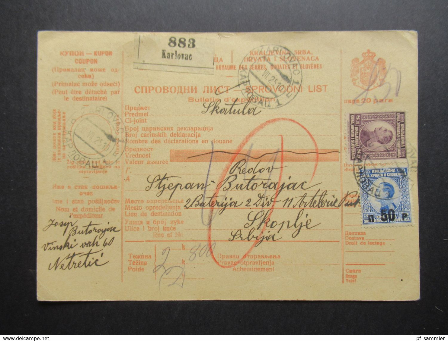 Jugoslawien 1931 Bulletin D'expedition Paketkarte / Postanweisung Karlovac - Skoplje An Einen Soldaten / Militärpost - Storia Postale