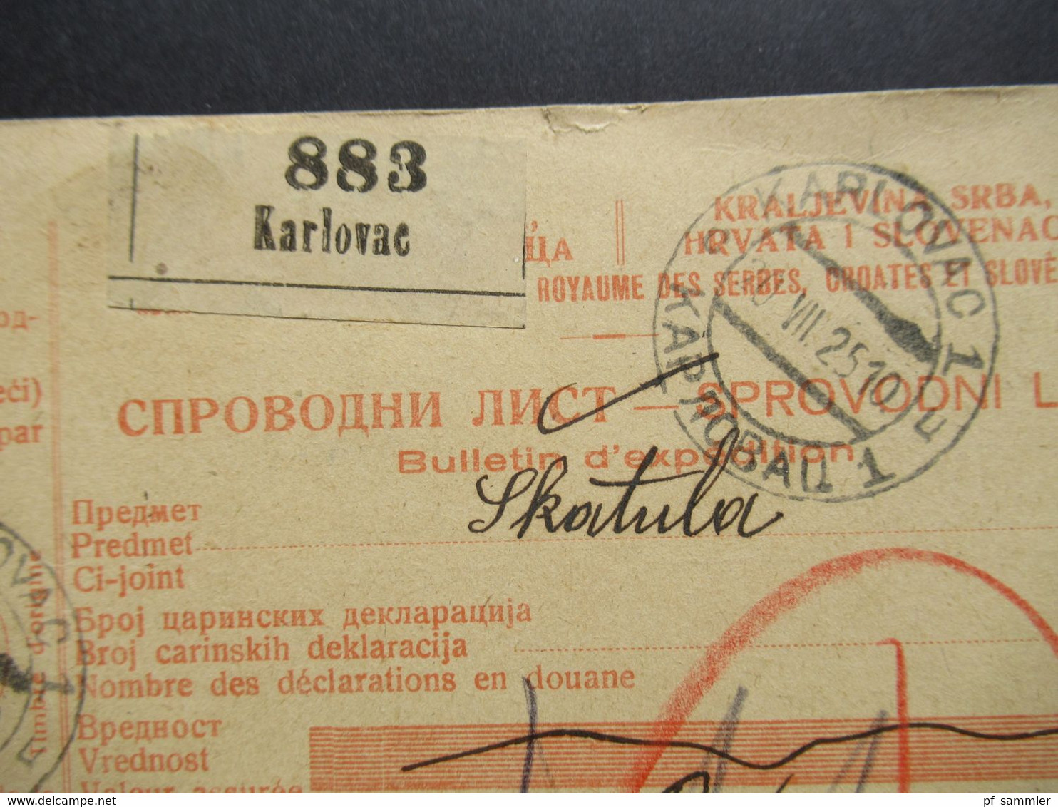 Jugoslawien 1931 Bulletin D'expedition Paketkarte / Postanweisung Karlovac - Skoplje An Einen Soldaten / Militärpost - Storia Postale