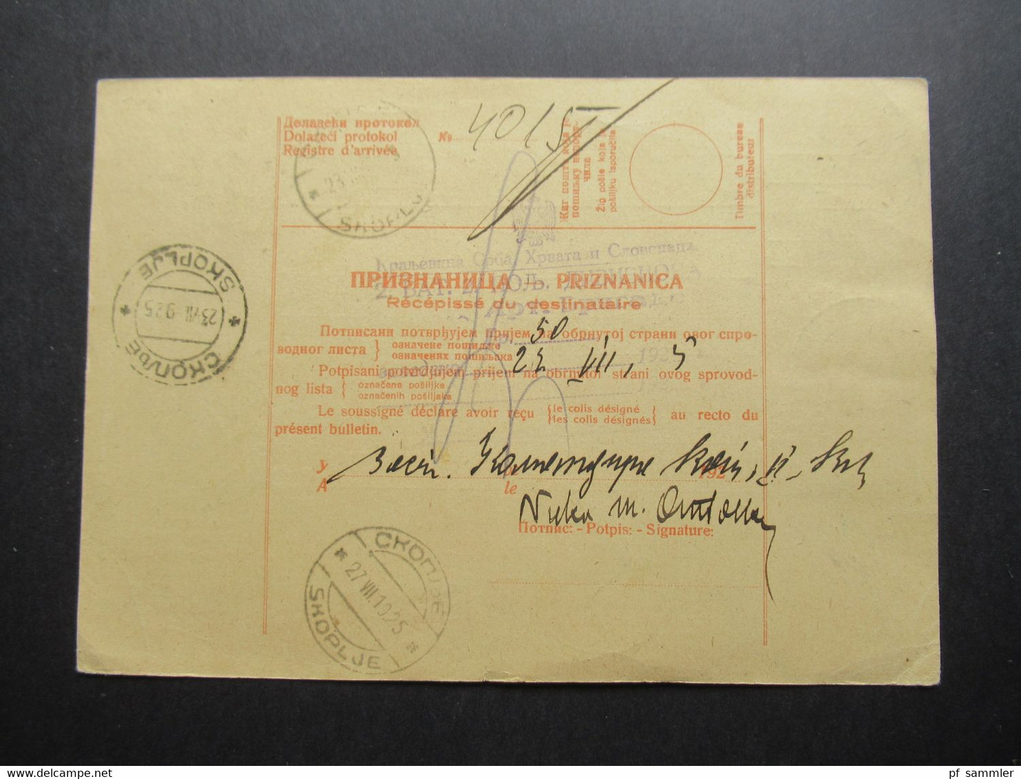 Jugoslawien 1931 Bulletin d'expedition Paketkarte / Postanweisung Karlovac - Skoplje an einen Soldaten / Militärpost