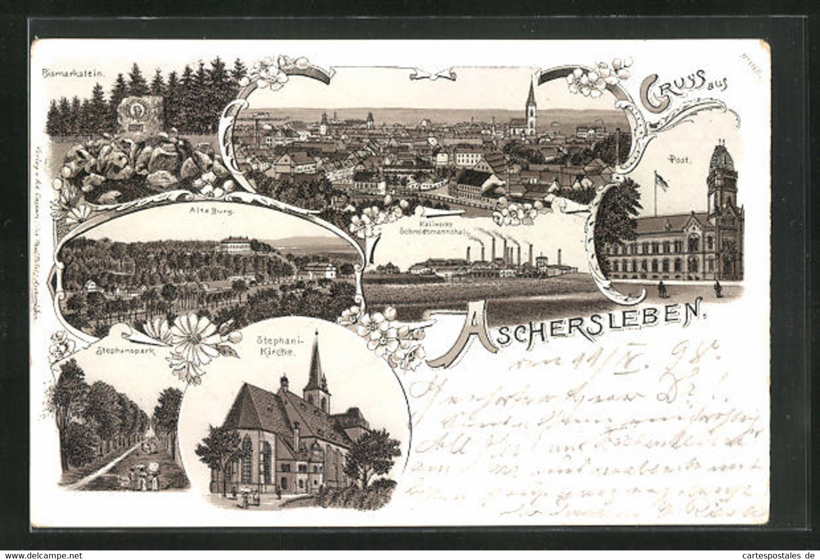 Lithographie Aschersleben, Bismarckstein, Alte Burg, Stephani-Kirche - Burg
