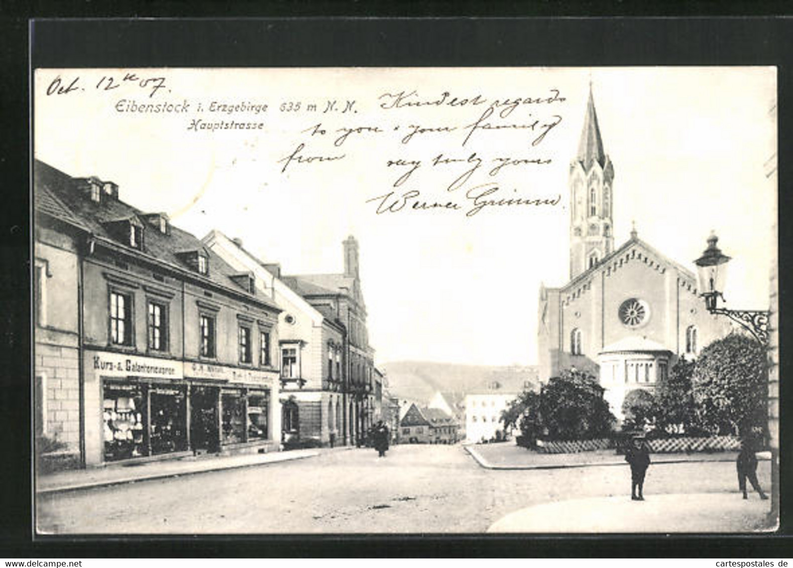 AK Eibenstock I. Erzgebirge, Hauptstrasse Mit Geschäft Und Kirche - Eibenstock