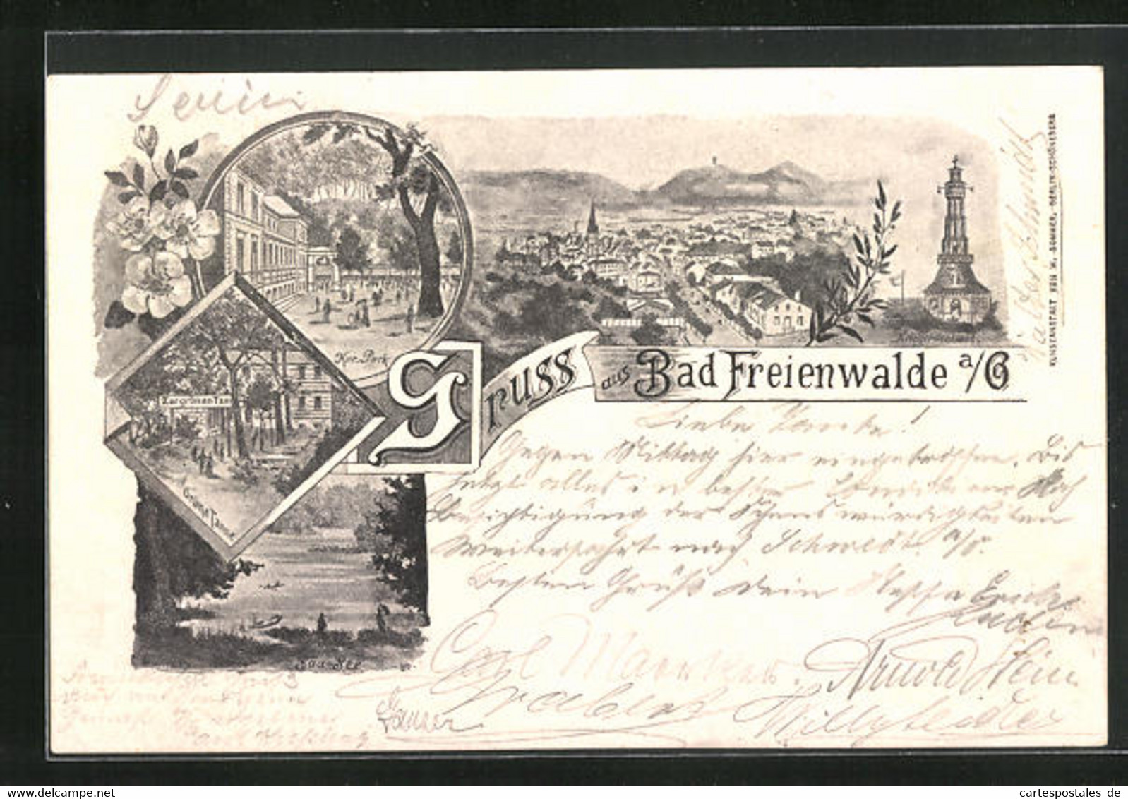 Lithographie Bad Freienwalde, Gasthaus Zur Grünen Tanne, Kurpark - Bad Freienwalde