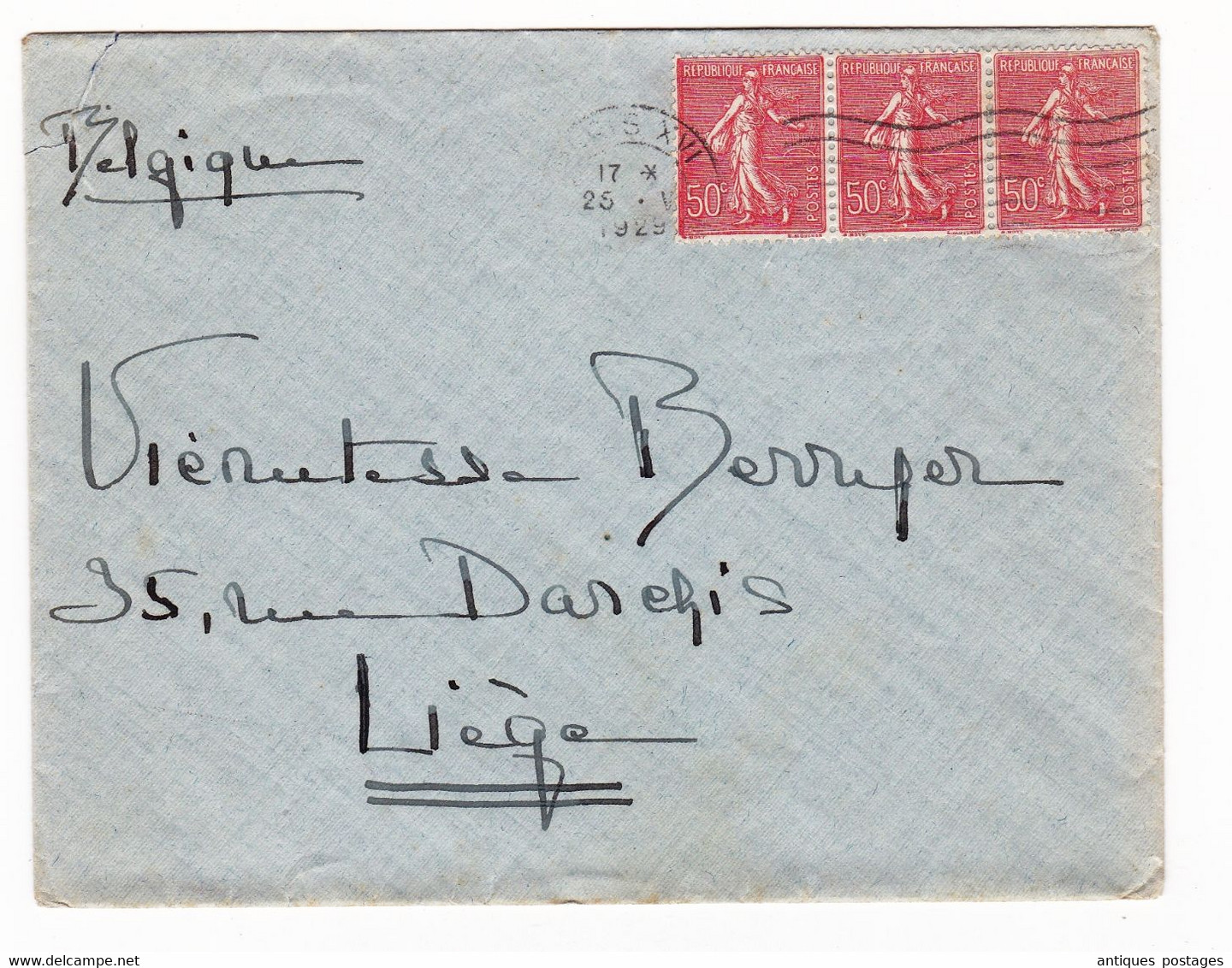 Lettre Paris 1929 Bande De 3 Semeuse Lignée 50c Liège Belgique - 1903-60 Säerin, Untergrund Schraffiert