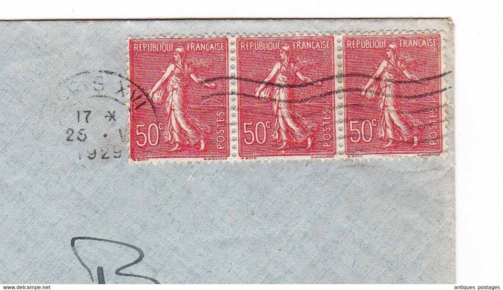 Lettre Paris 1929 Bande De 3 Semeuse Lignée 50c Liège Belgique - 1903-60 Sower - Ligned