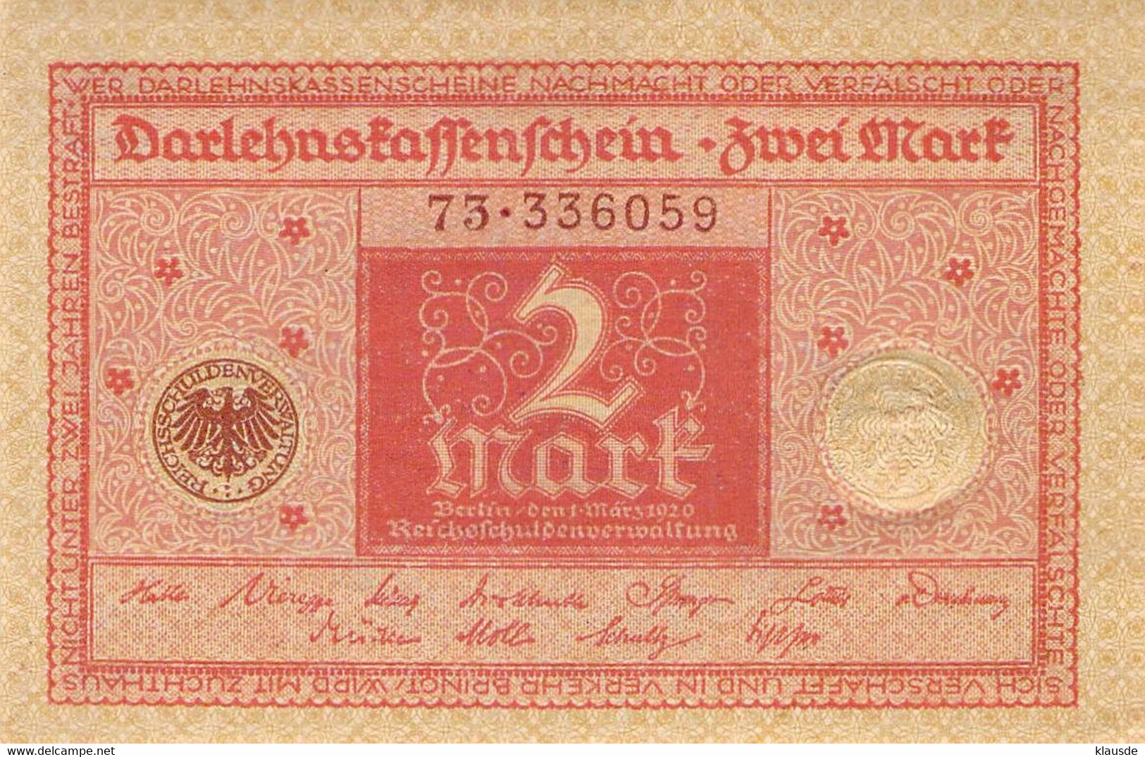 Darlehenskassenschein 2 Mark, 1914, Ro. 522 Scheine Mit Fortlaufender Nummer - 2 Mark