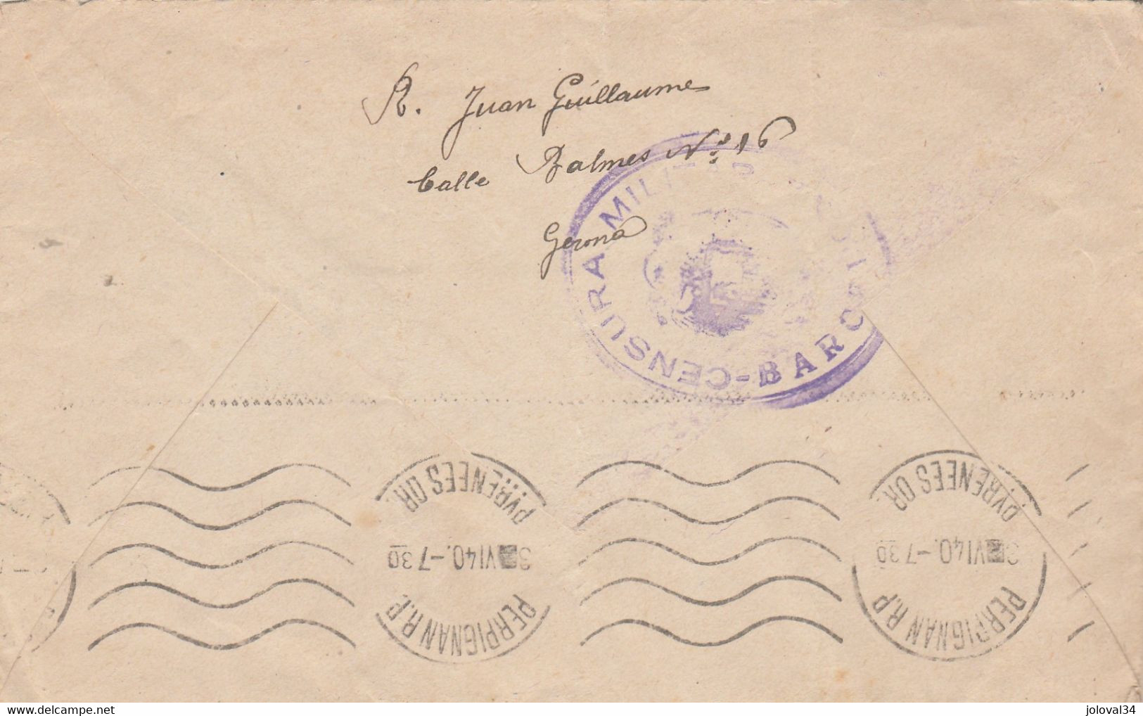 Espagne Lettre De Barcelone 30/5/1940 Pour Perpignan Pyrénées Orientales France Cachet Censure Censura Militar Barcelona - Republicans Censor Marks