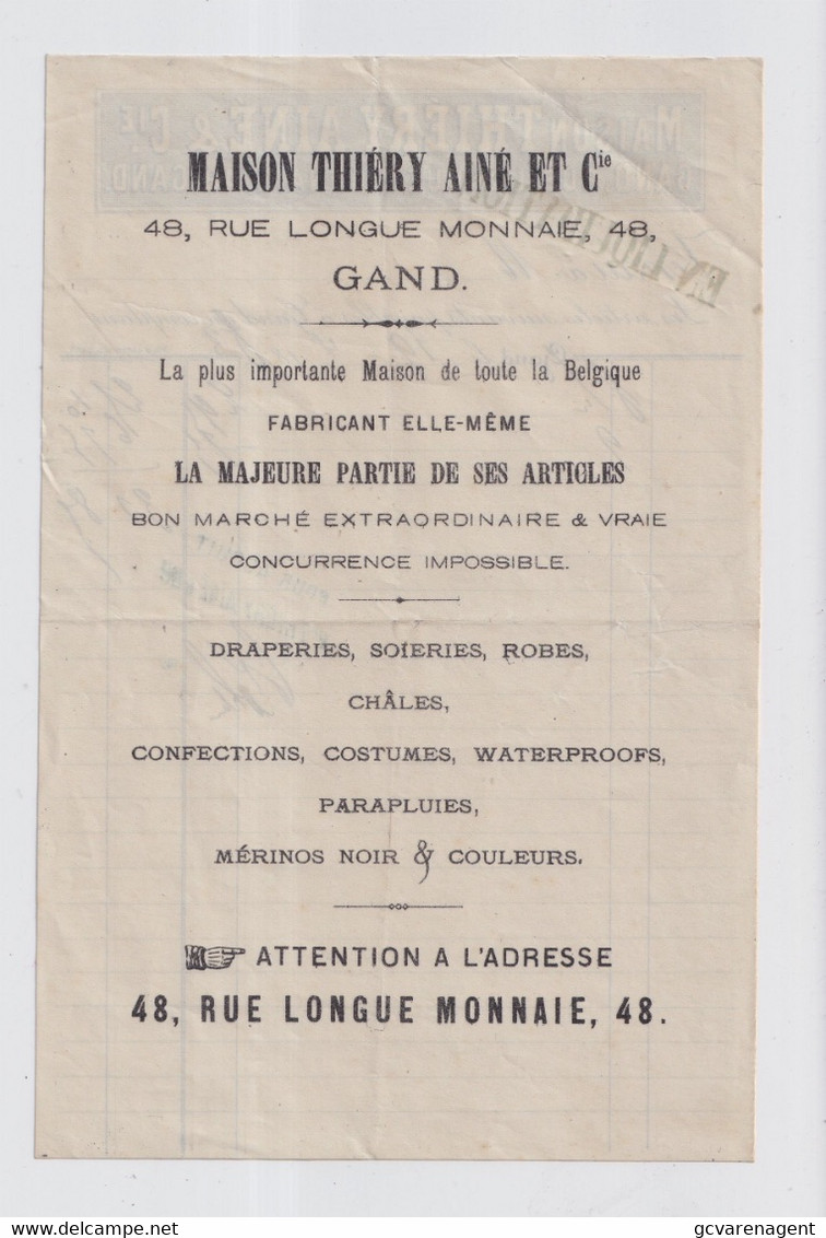GENT 1883  MAISON THIERY AINE & Cie RUE LONGUE MONAIE 48 GAND  ZIE 2 SCANS - 1800 – 1899