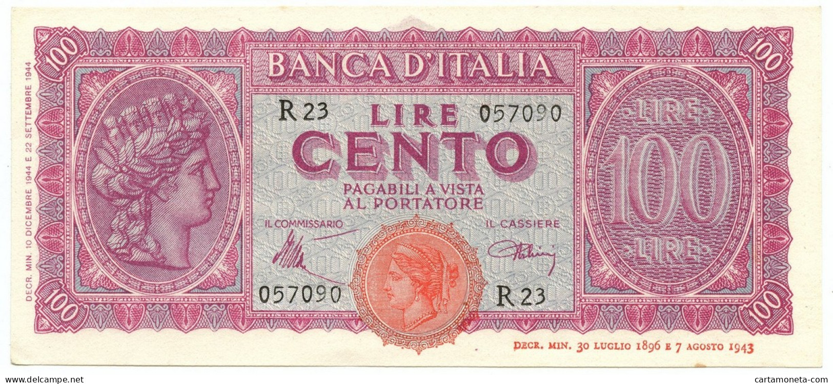 100 LIRE ITALIA TURRITA TESTINA 10/12/1944 SUP+ - Andere