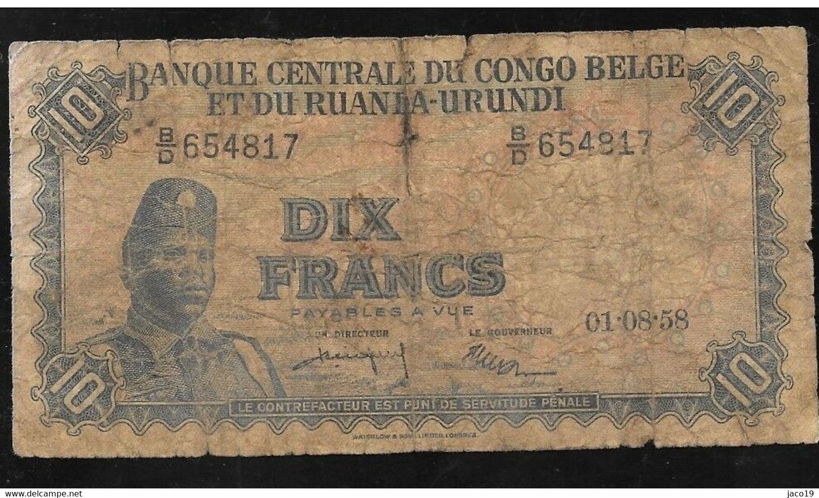 10 Francs -congo-belge Type "1955" 01-08-58 - Bank Van Belgisch Kongo