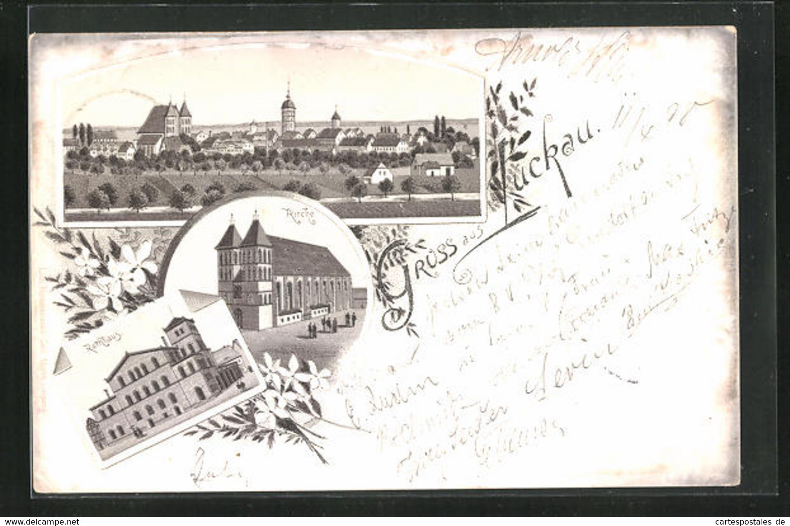 Lithographie Luckau, Gesamtansicht Mit Rathaus Und Kirche - Luckau