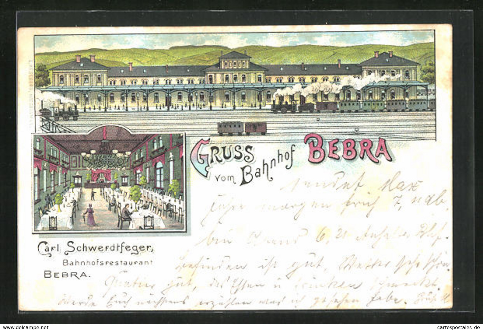 Lithographie Bebra, Bahnhof Mit Restaurant, Inh. Carl Schwerdtfeger - Bebra