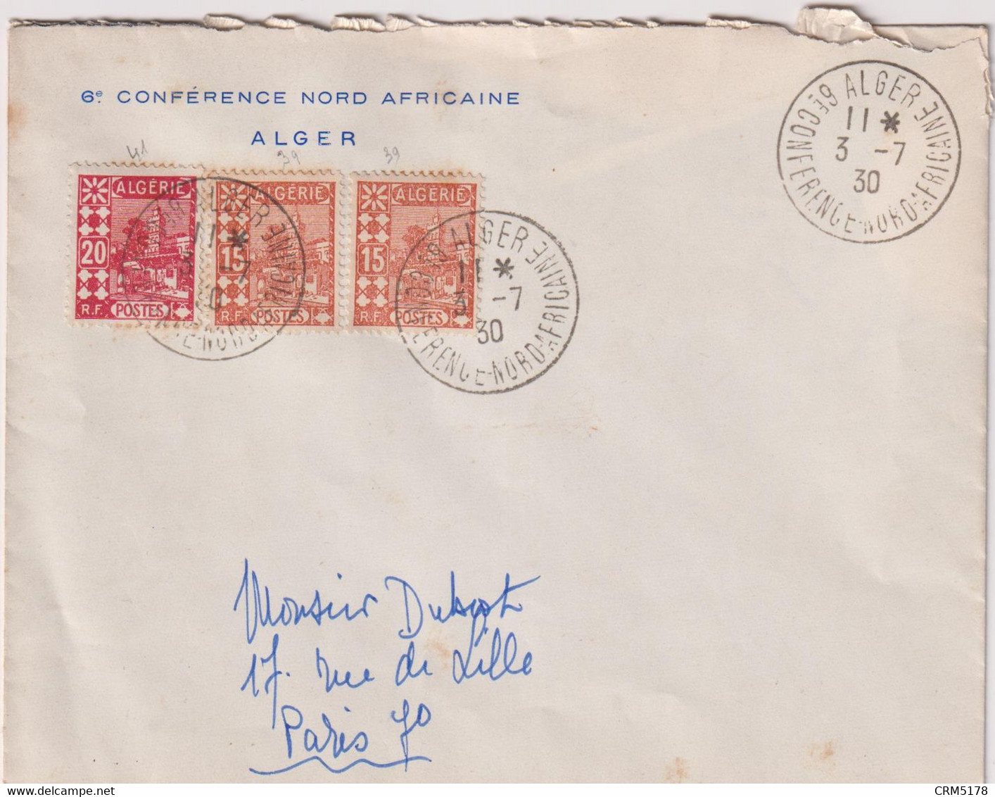 ALGERIE-OB TEMPORAIRE-3 Enveloppes CAD 6ème Conférence NORD-AFRICAINE-ALGER3/7/1930 - Gebruikt