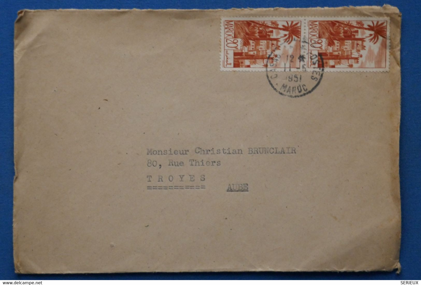 V20 MAROC BELLE LETTRE 1951 CASABLANCA POUR  TROYES FRANCE+ PAIRE DE T.P  + AFFRANCH. INTERESSANT - Covers & Documents