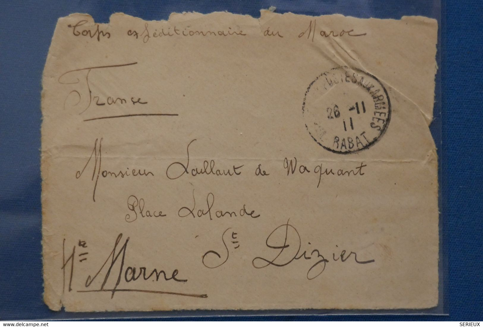 V20 MAROC BELLE LETTRE RARE DEVANT 1911 CORPS EXPEDITIONNAIRE  RABAT POUR ST DIZIER FRANCE + AFFRANCH. INTERESSANT - Covers & Documents