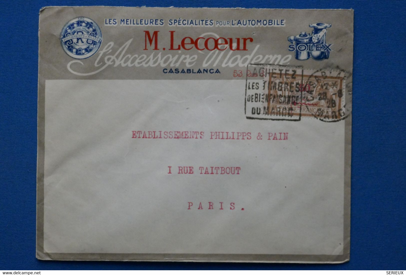 V20 MAROC FRANCE BELLE  LETTRE  RARE  1928  CASABLANCA POUR PARIS FRANCE + OB DAGUIN+ LECOEUR + AFFRANCH. PLAISANT - Briefe U. Dokumente